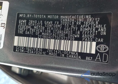 2013 Toyota Corolla Le из США, поврежденный, VIN 2T1BU4EE7DC923709